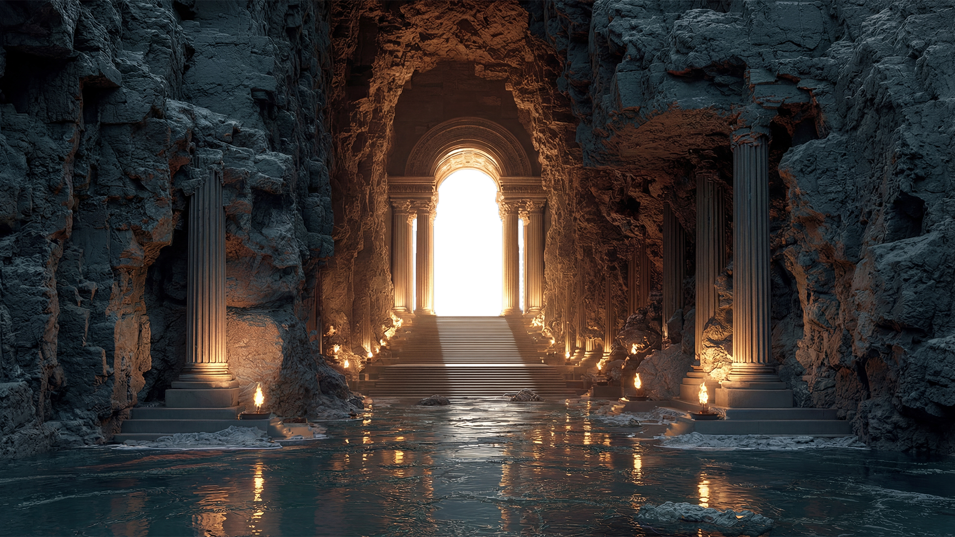 Cinematic cave temple with columns and light