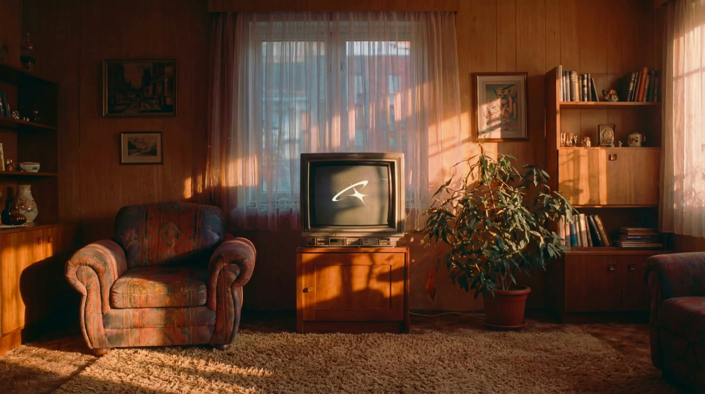 A television displaying the VINC logo in a sunlit room